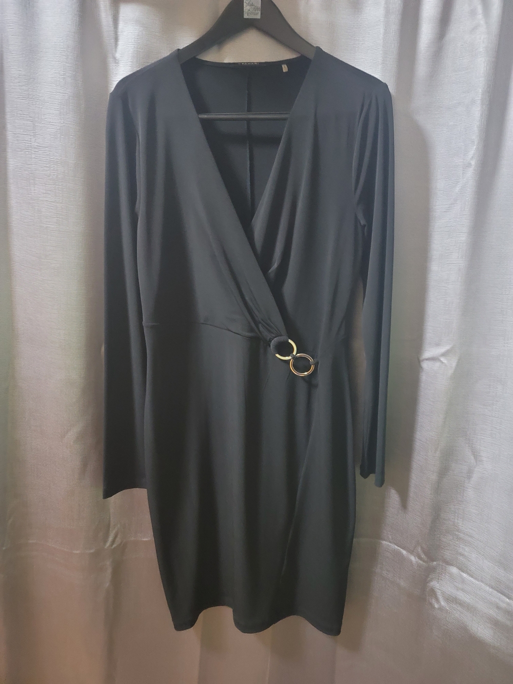 T Tahari Black Long Sleeve Wrap Dress with Double Gold Ring Accent